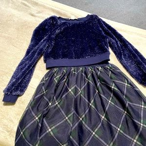 Girls plaid dresses and fuzzy sweater